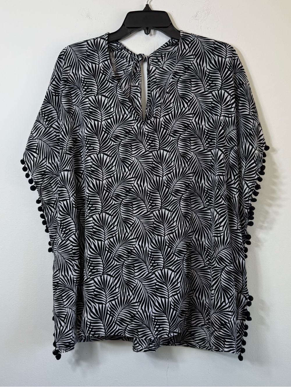 Faded Rose Black & White Palm Print Pom Pom Trim Tunic Swim Cover Up Sz M
